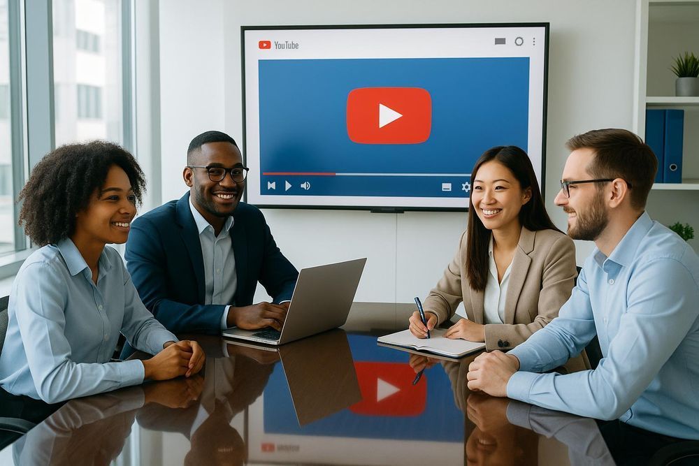 Four coworkers in a meeting around a laptop, with a large YouTube play screen in the background