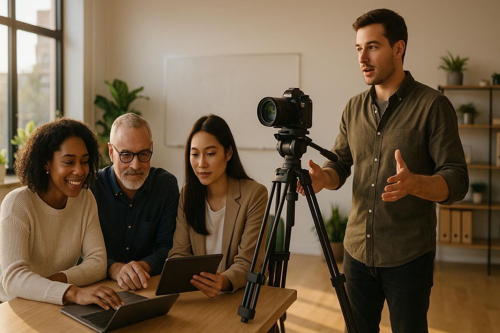 Four people in a bright office reviewing a tablet beside a camera on a tripod