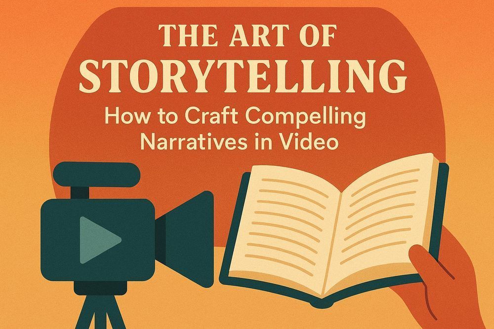 Book, camera, and hand illustration with text “The Art of Storytelling: How to Craft Compelling Narratives in Video.”