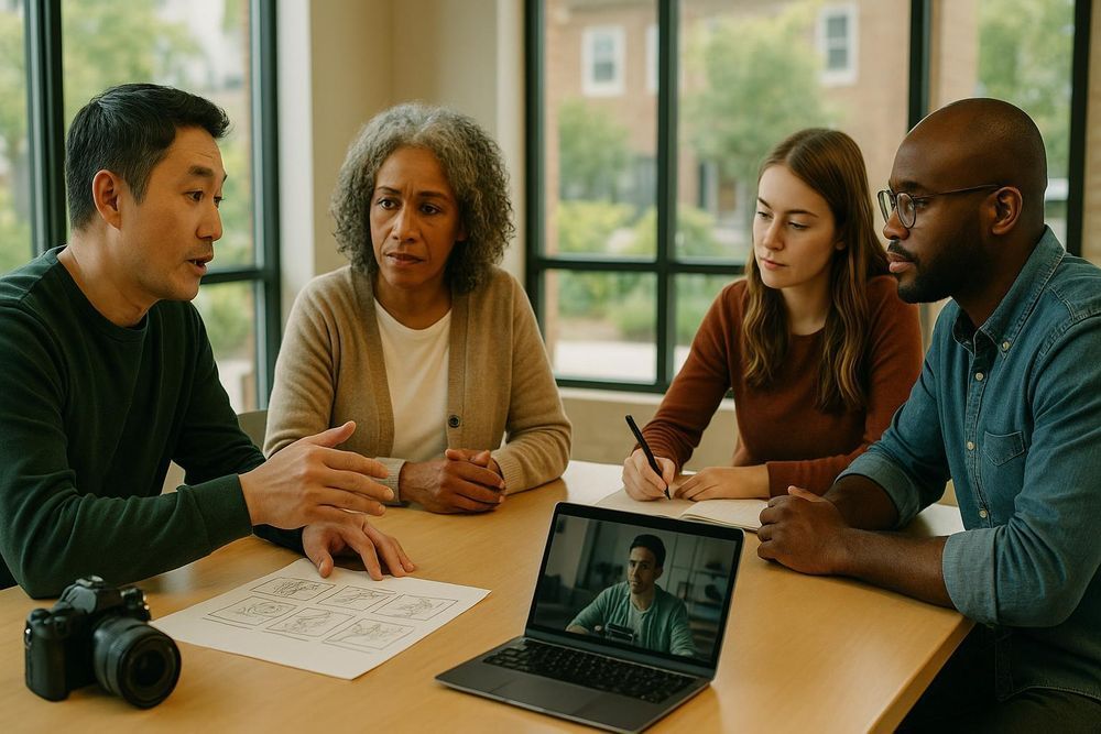 Four people discuss work at a table with a laptop, papers, notebook, and camera in a bright room.
