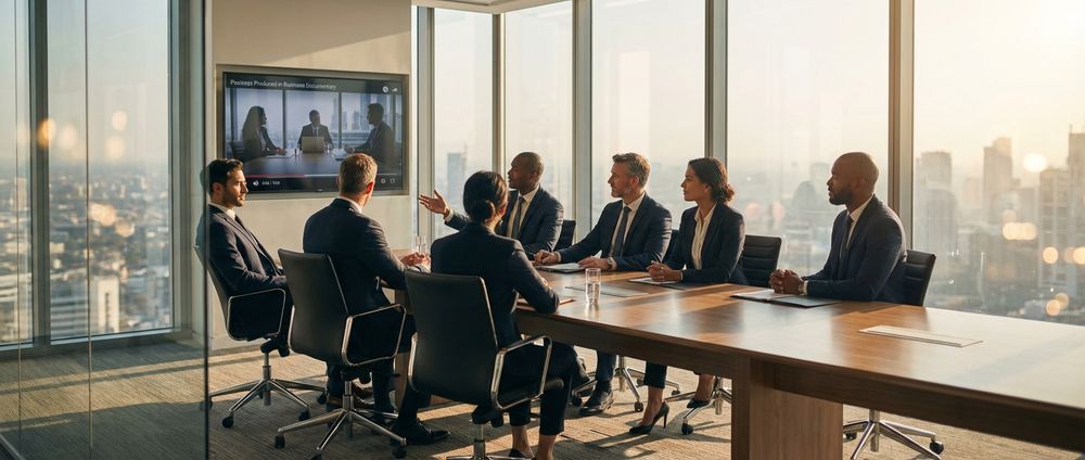 Business meeting around a conference table in a sunlit glass office with city skyline views