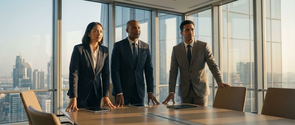Three business professionals stand in a sunlit conference room beside a table and city windows.