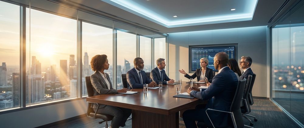 Business meeting around a conference table in a modern office with city skyline views at sunset