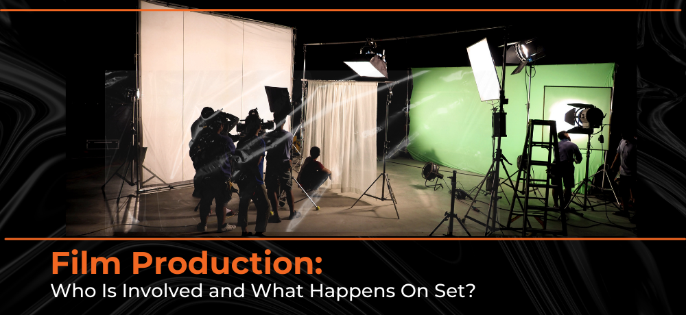 Film set with crew, lights, camera, and green screen during production