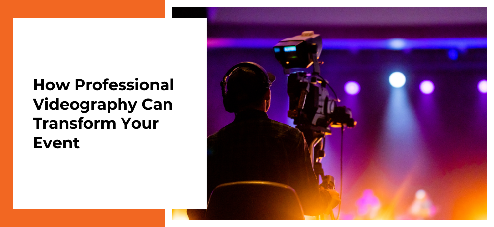 Promotional graphic about professional videography at an event, showing a camera onstage with purple lights