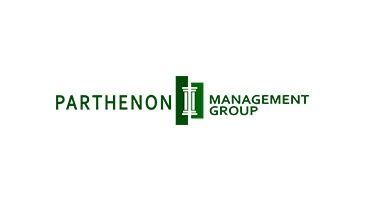 Parthenon Management Group logo with green text and abstract green emblem on white background