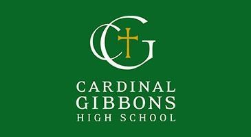 Cardinal Gibbons High School logo on a green background with a gold cross and white text