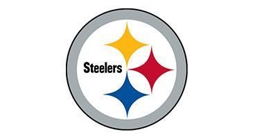 Pittsburgh Steelers logo with black text and gold, red, and blue diamond stars inside a gray circle
