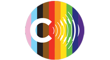 Rainbow-striped circular logo with a white “C” and concentric sound-wave lines on the right