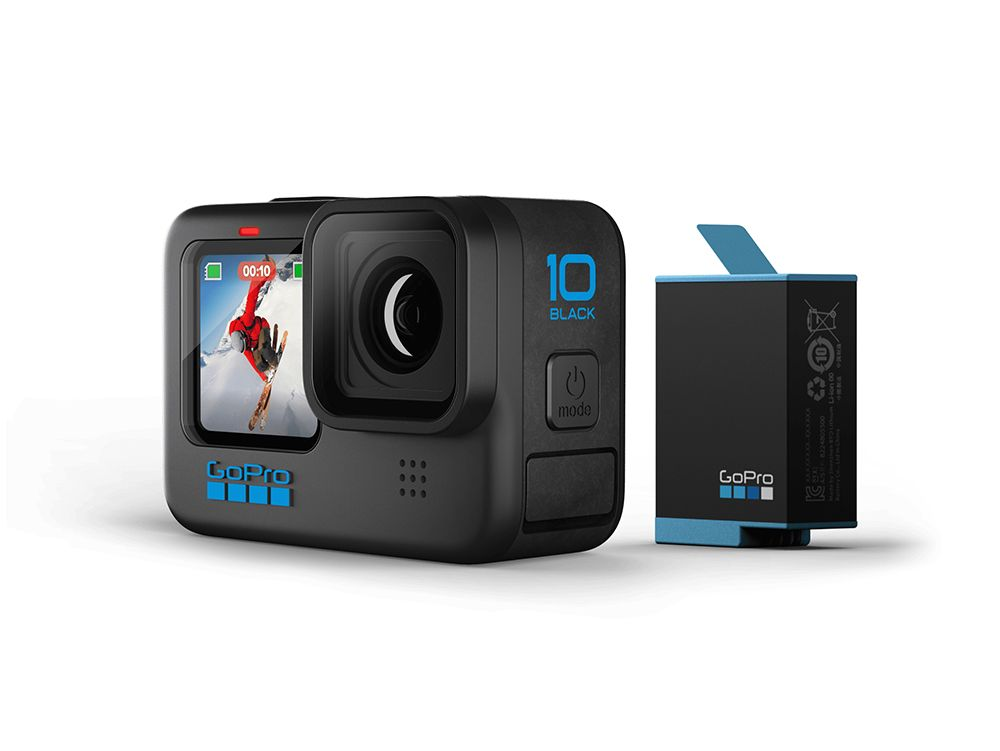 GoPro-style action camera with a front display and battery on a white background