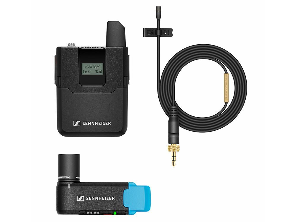 Black wireless audio pack, coiled cable, and blue adapter on white background