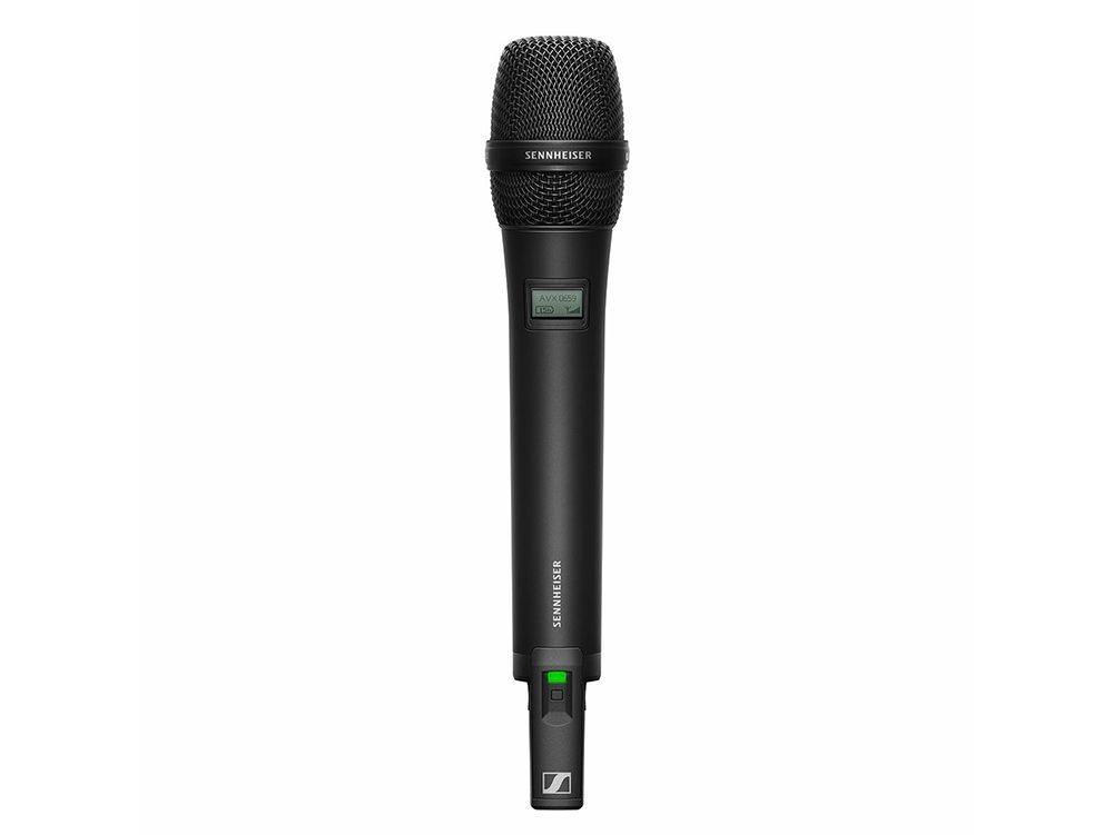 Black handheld wireless microphone on a white background