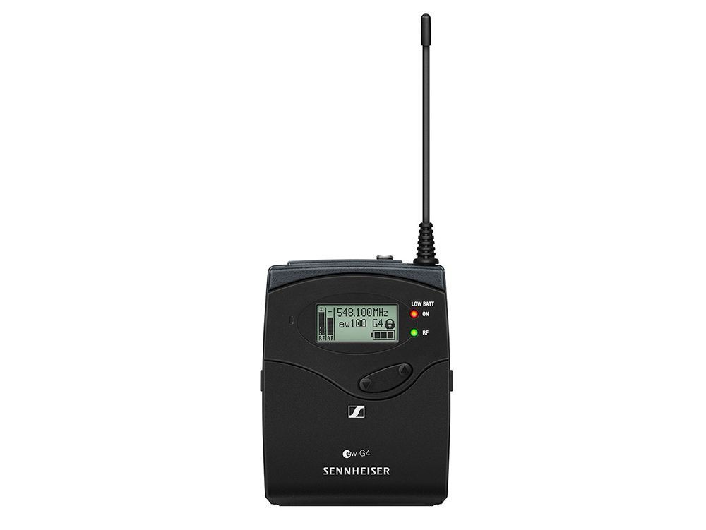 Black handheld radio device with long antenna and small display on a white background