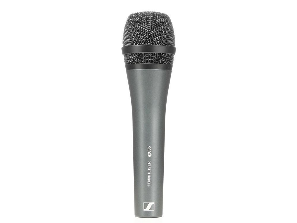 Black handheld microphone on a white background