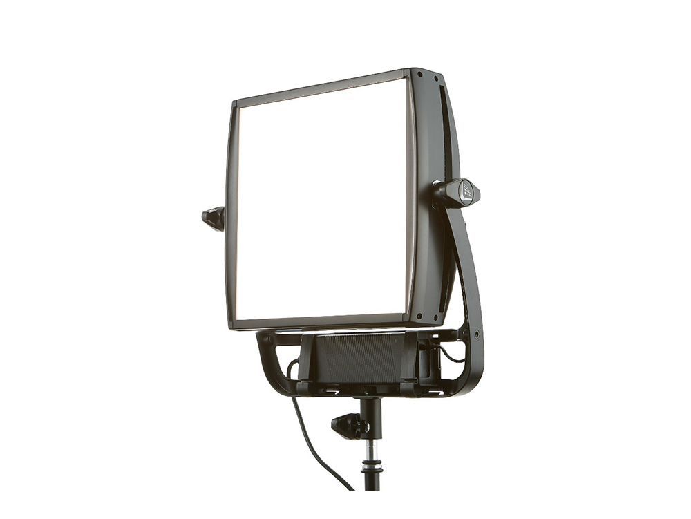 Studio light on a stand with a large rectangular softbox and cable hanging below