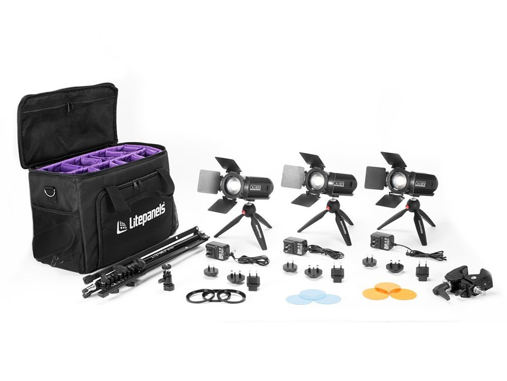 Photo lighting kit with three LED lights, tripods, stands, and carry case on white background