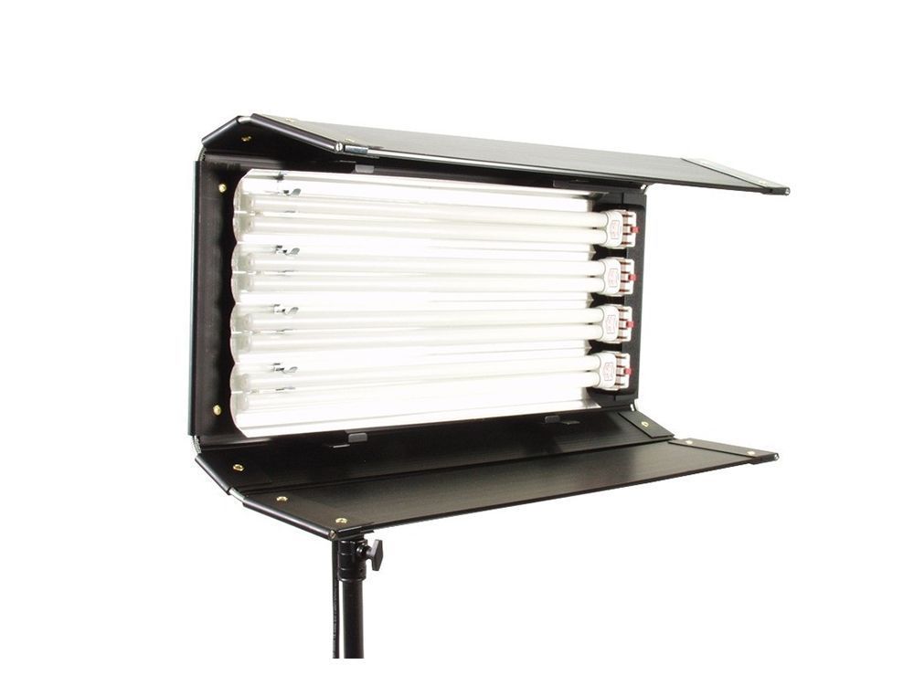 Studio light with barn doors and multiple fluorescent tubes on a stand