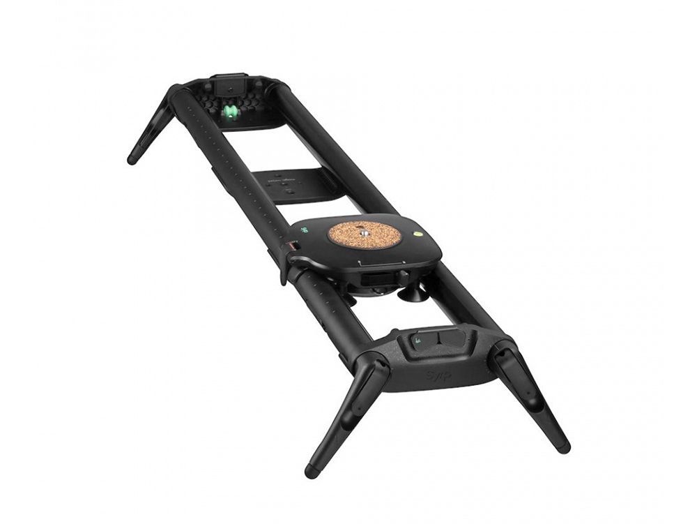 Black audio speaker set with a central control panel and angled legs on a white background