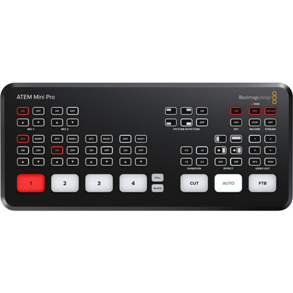 Black ATEM Mini Pro video switcher panel with many labeled buttons and four large white/colored source keys