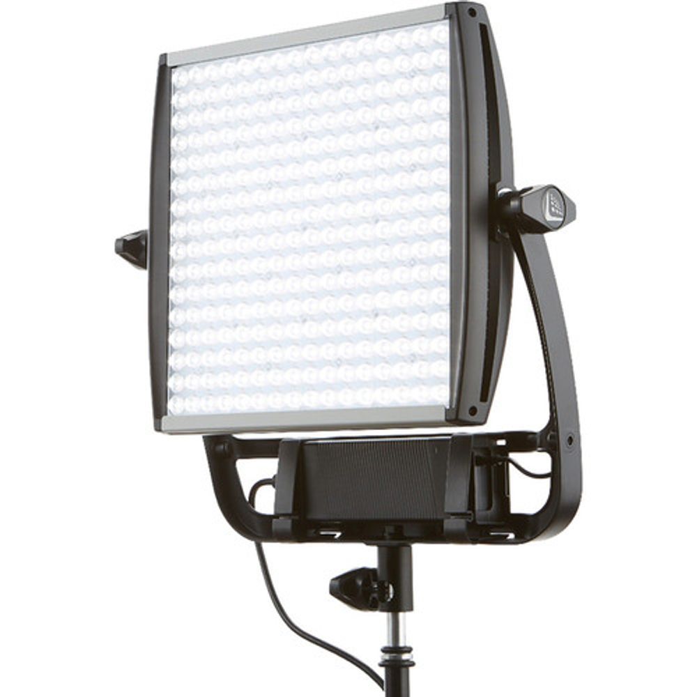 Square LED studio light on a stand, with black housing and silver frame