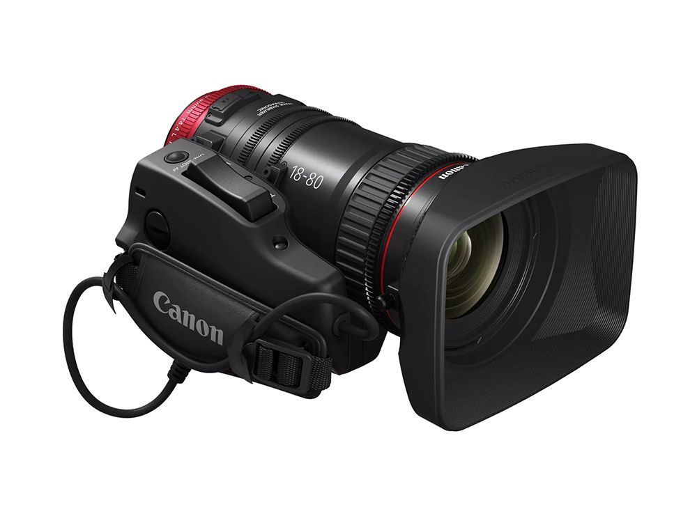 Canon DSLR camera with large lens and square lens hood, black with red accents