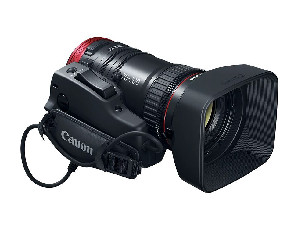Canon DSLR camera with attached lens and rectangular lens hood, black with red accents.