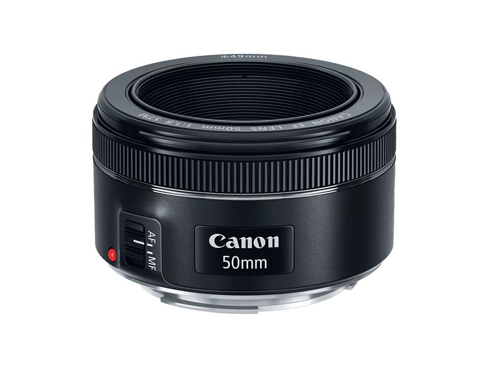 Canon 50mm camera lens in black with white label on a white background