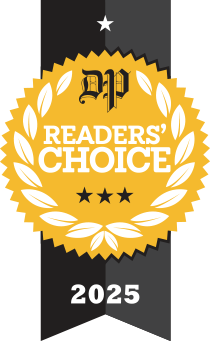 A gold "Readers' Choice" award seal with a laurel wreath, three stars, and the year 2025 on a black ribbon background.