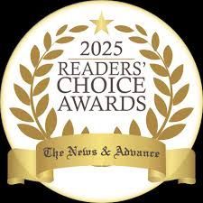 A golden circular 2025 Readers' Choice Awards logo featuring a laurel wreath, a star, and The News & Advance banner.