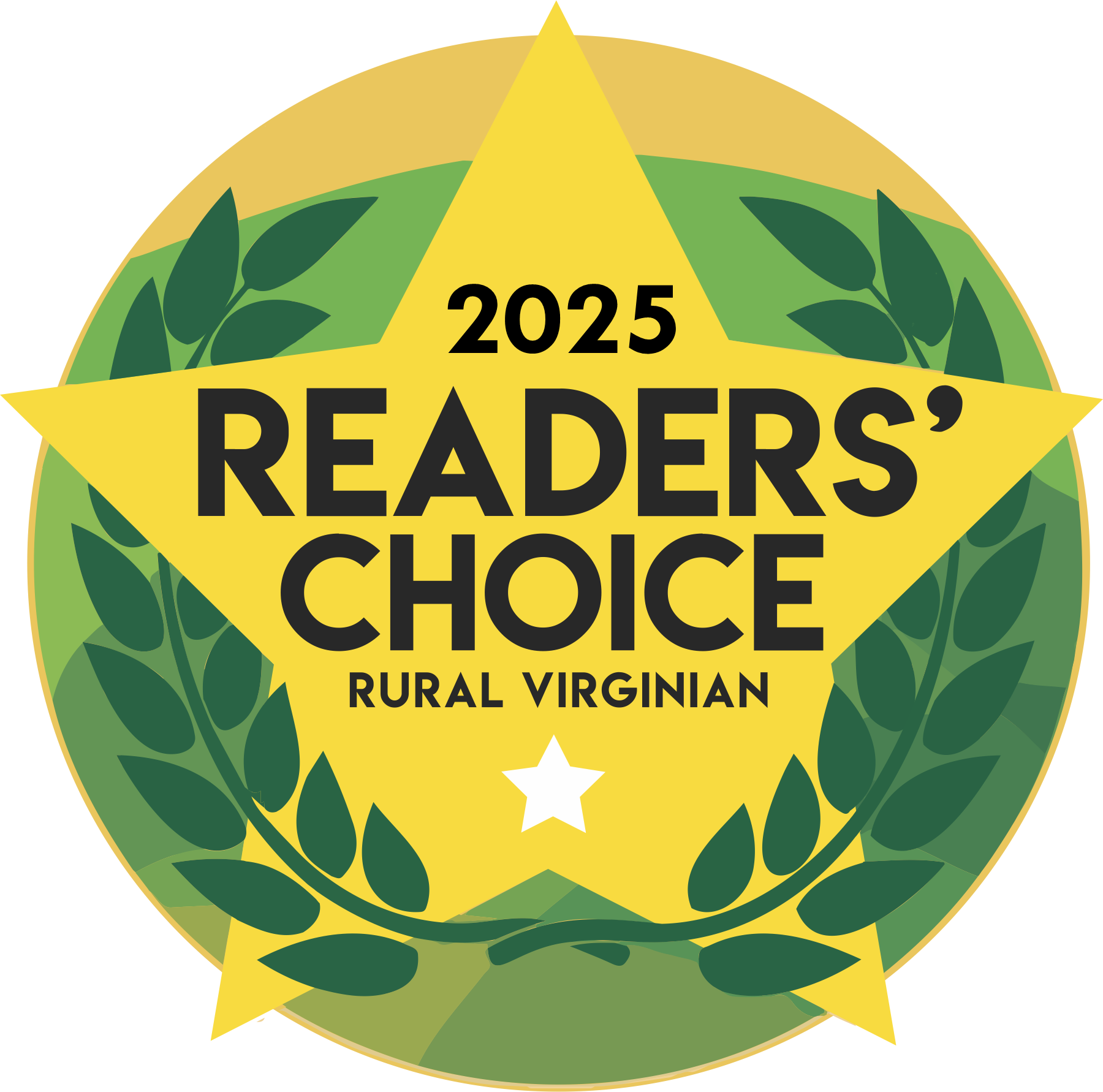 A green and yellow circular "2025 Readers' Choice" badge for Rural Virginian, featuring a star and laurel wreath design.
