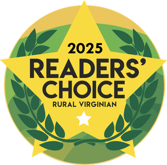 A green and yellow circular "2025 Readers' Choice" badge for Rural Virginian, featuring a star and laurel wreath design.
