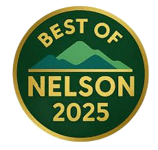 A circular badge with a dark green background and gold text reading "BEST OF NELSON 2025" with a stylized mountain graphic.