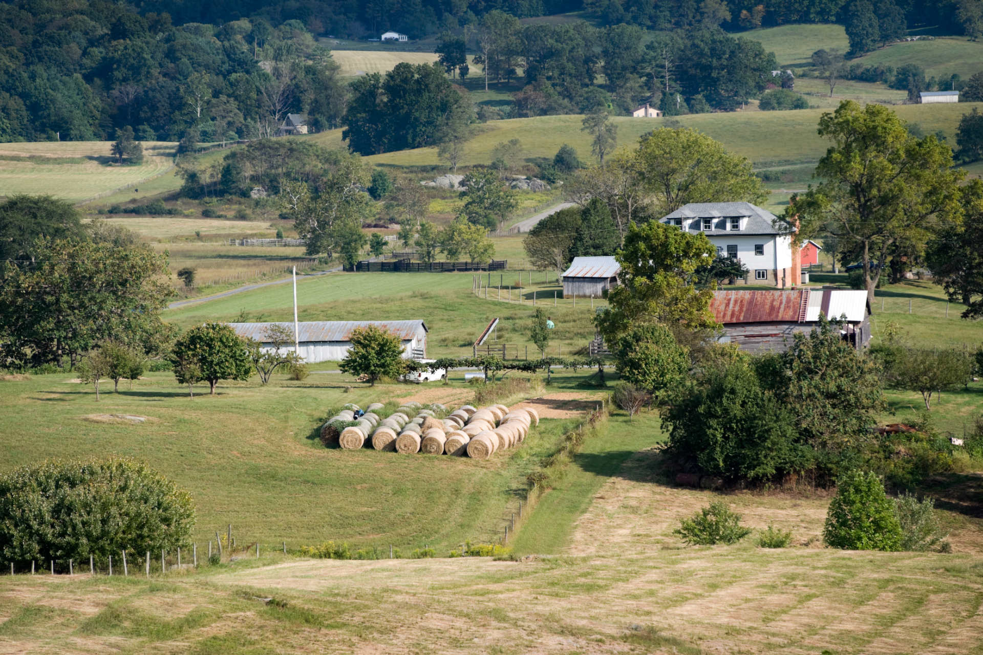 A rolling rural landscape featuring a white farmhouse, a barn, and a cluster of round hay bales in a grassy field.