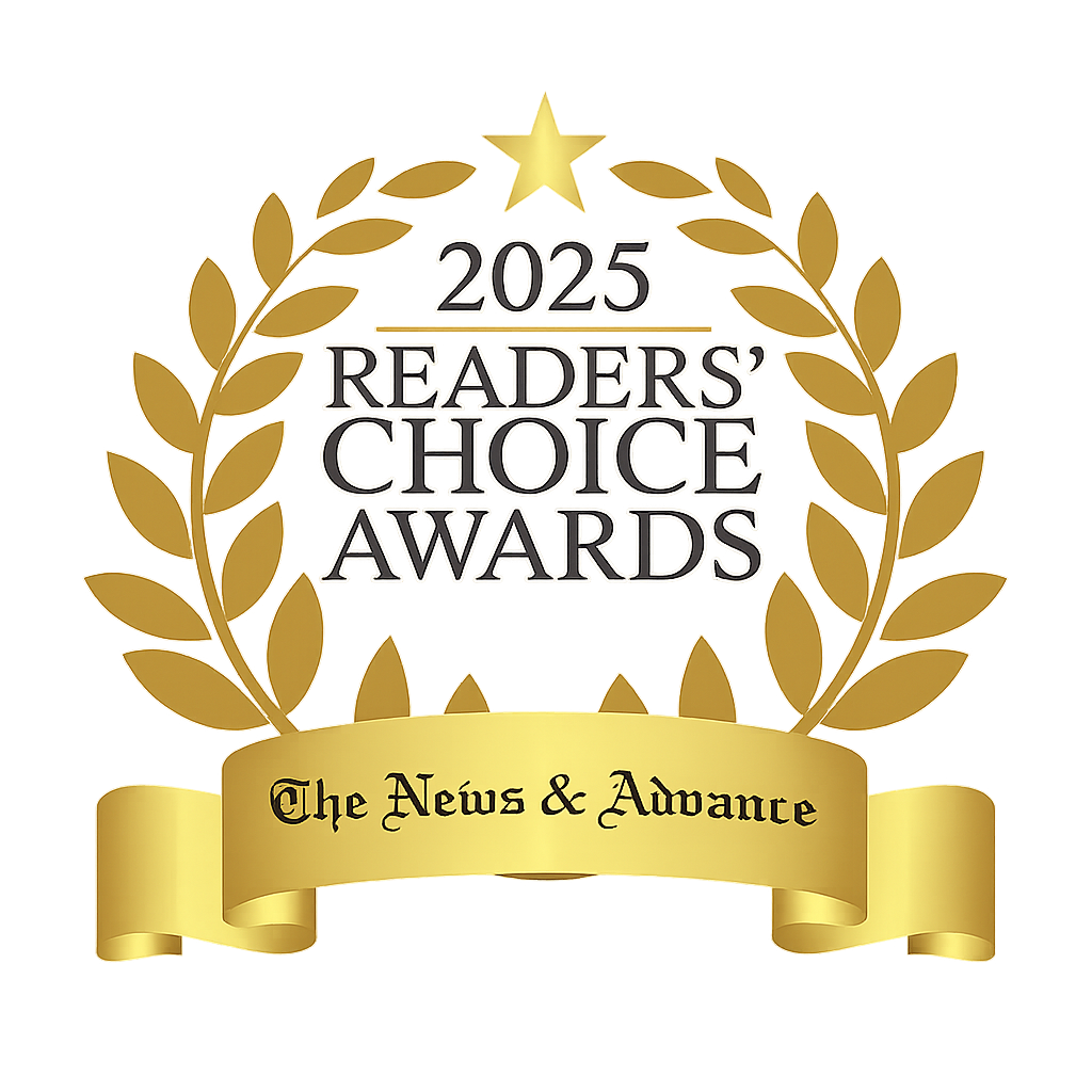 Gold 2025 Readers' Choice Awards laurel wreath emblem with the text "The News & Advance" on a ribbon.