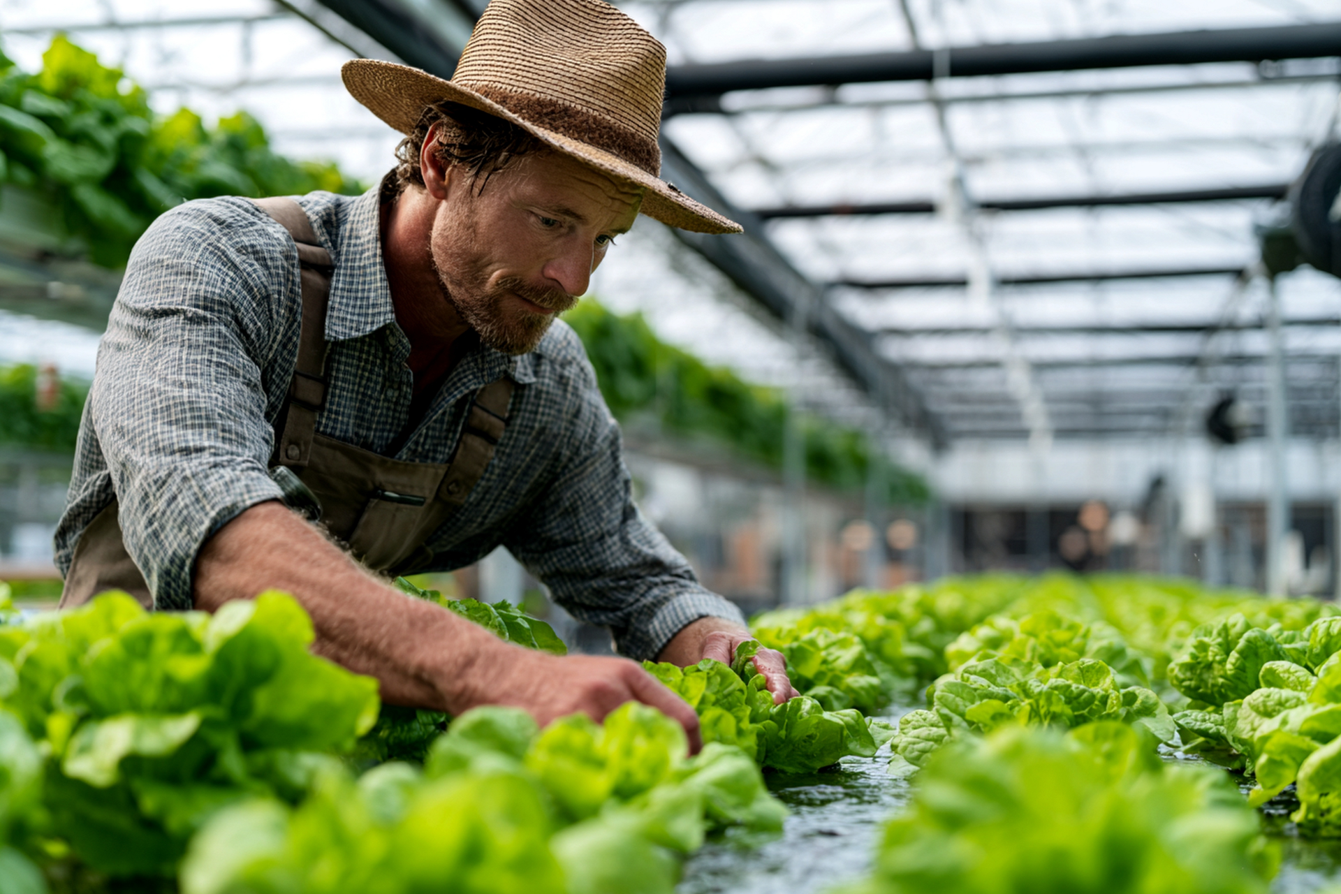 A person in a straw hat and overalls tends to vibrant green lettuce growing in a hydroponic greenhouse.