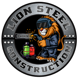 A logo for Lion Steel Construction with a picture of a welding machine.