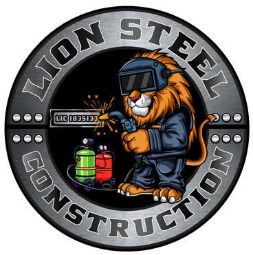 A logo for Lion Steel Construction with a picture of a welding machine.