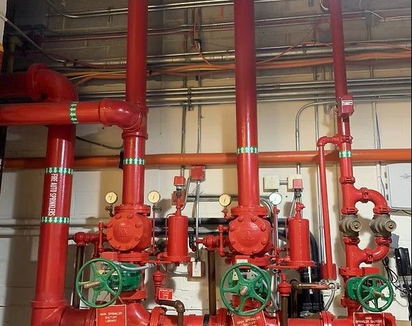 Red fire sprinkler system pipes and valves in a mechanical room, green valve handles.