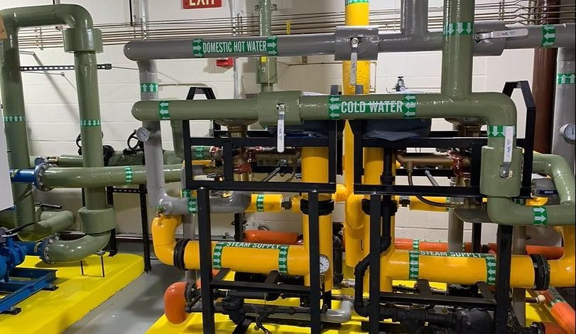Complex industrial piping with yellow and green pipes labeled 