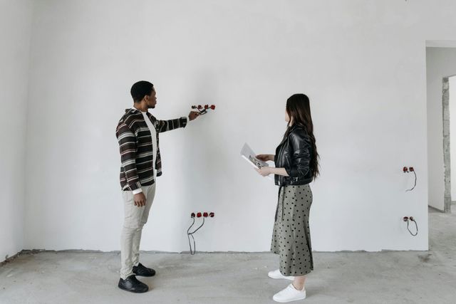 Two people examining electrical outlets in a room under construction.