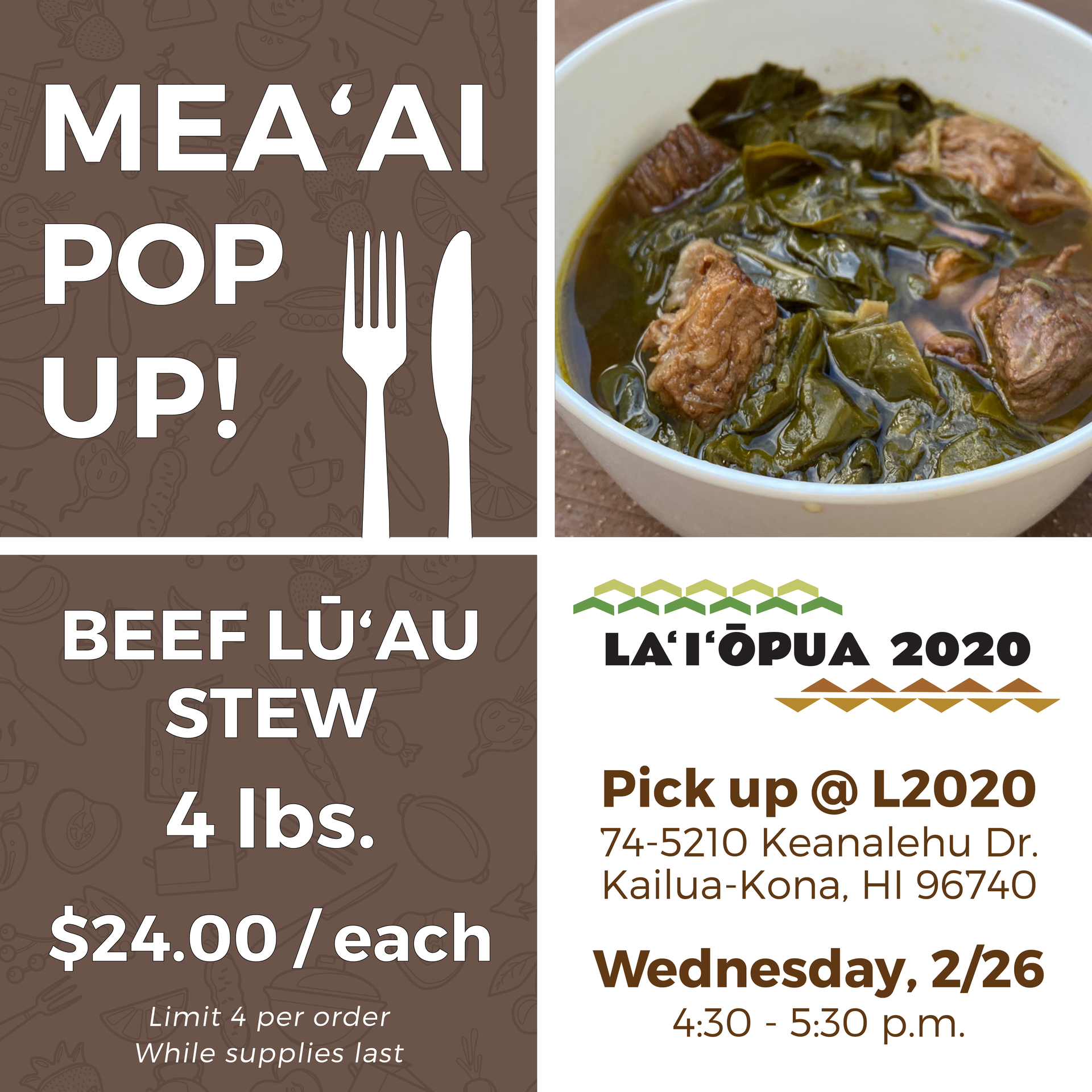 A beef lu au stew is being offered for $ 24.00 / each