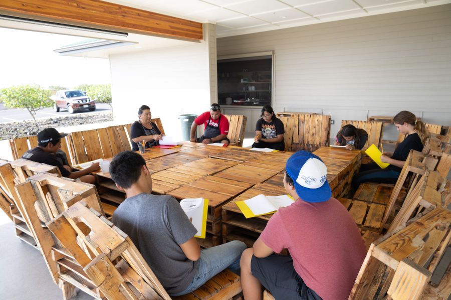 a group of people are sitting around a table made out of wooden pallets .