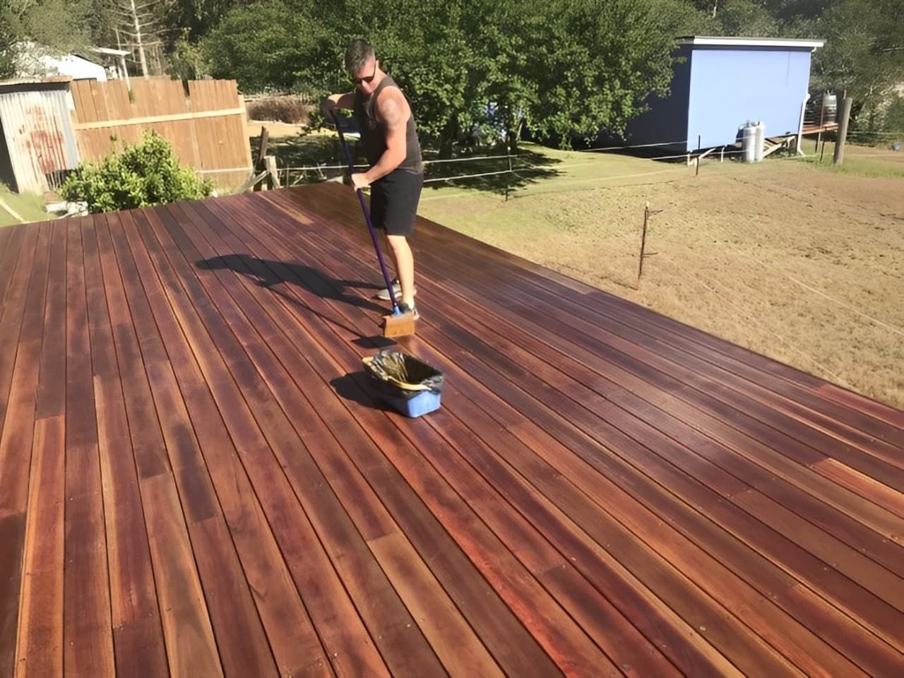 A Man Is Painting A Wooden Deck With A Mop — Corbett Brothers Flooring In Woy Woy, NSW