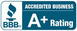 A blue sign that says accredited business a+ rating