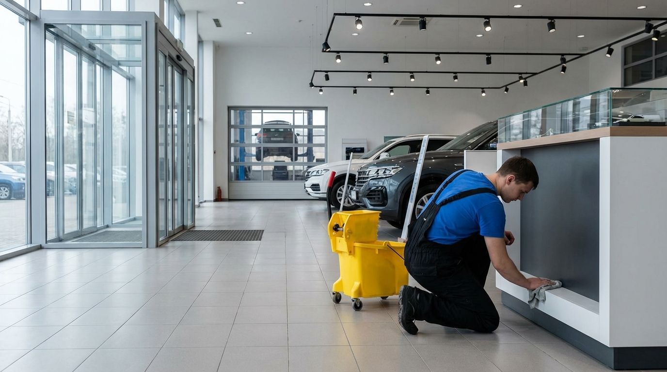 Man in blue overalls cleans counter in bright modern car showroom with parked cars in background