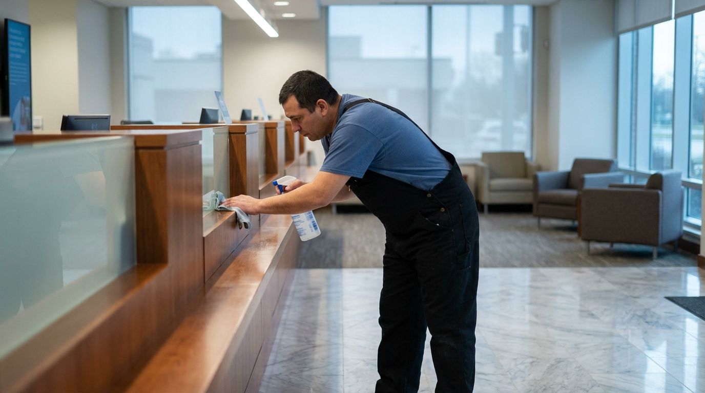Man in blue shirt and overalls cleans lobby counter with spray cloth on marble floors
