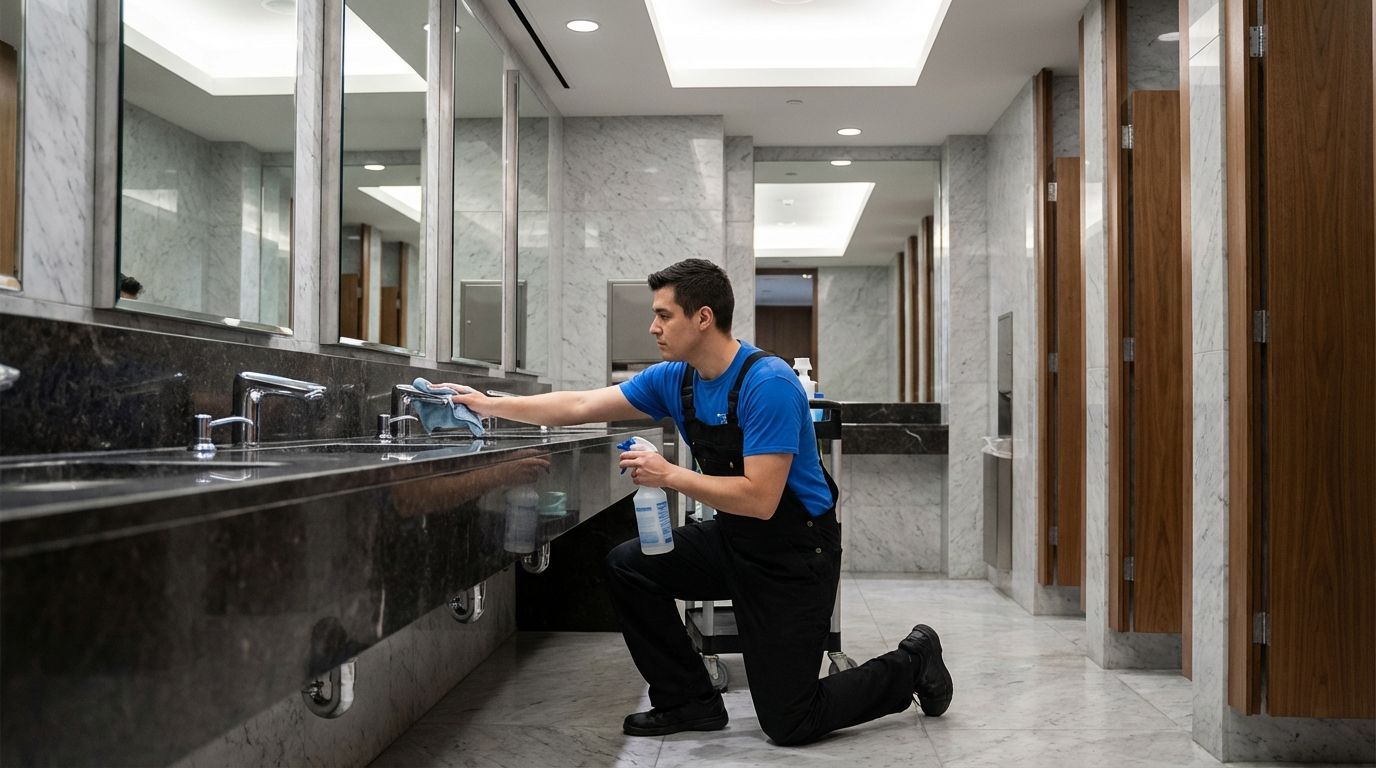 Man in blue shirt and overalls kneels cleaning marble restroom sink with cloth and spray bottle in modern setting