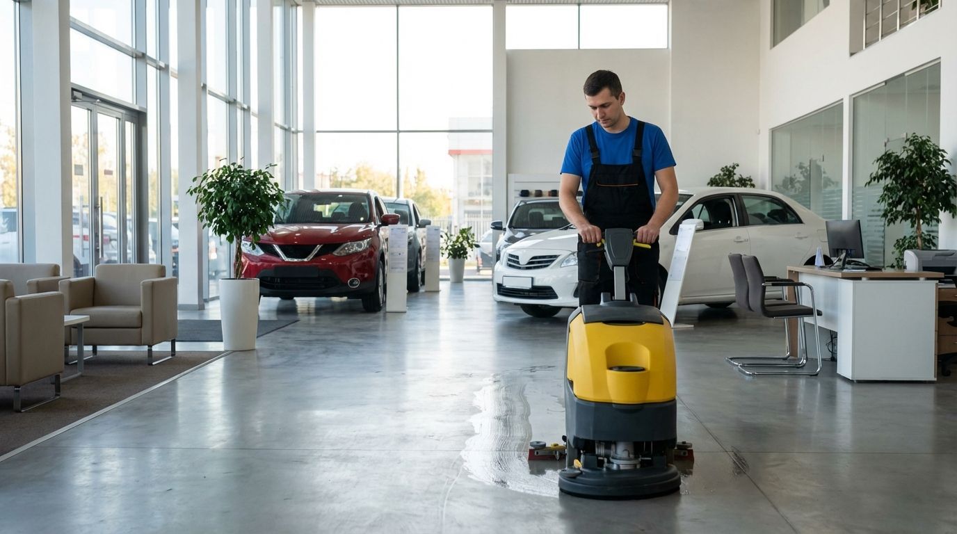Man in blue shirt and overalls operates yellow floor cleaner in bright modern car showroom