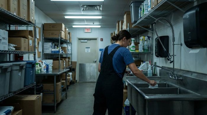 Person cleans stainless steel sink in dimly lit organized storage room with shelves of boxes and cleaning supplies