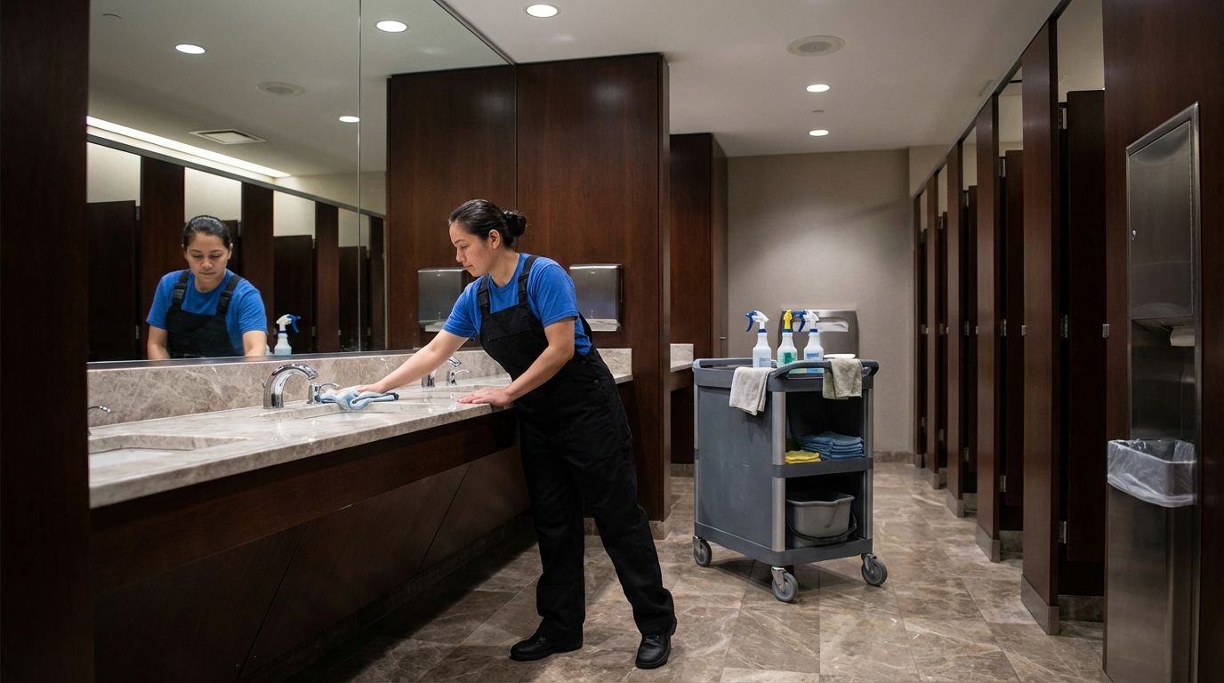 Person in blue shirt cleans granite countertop in modern restroom with cleaning cart nearby